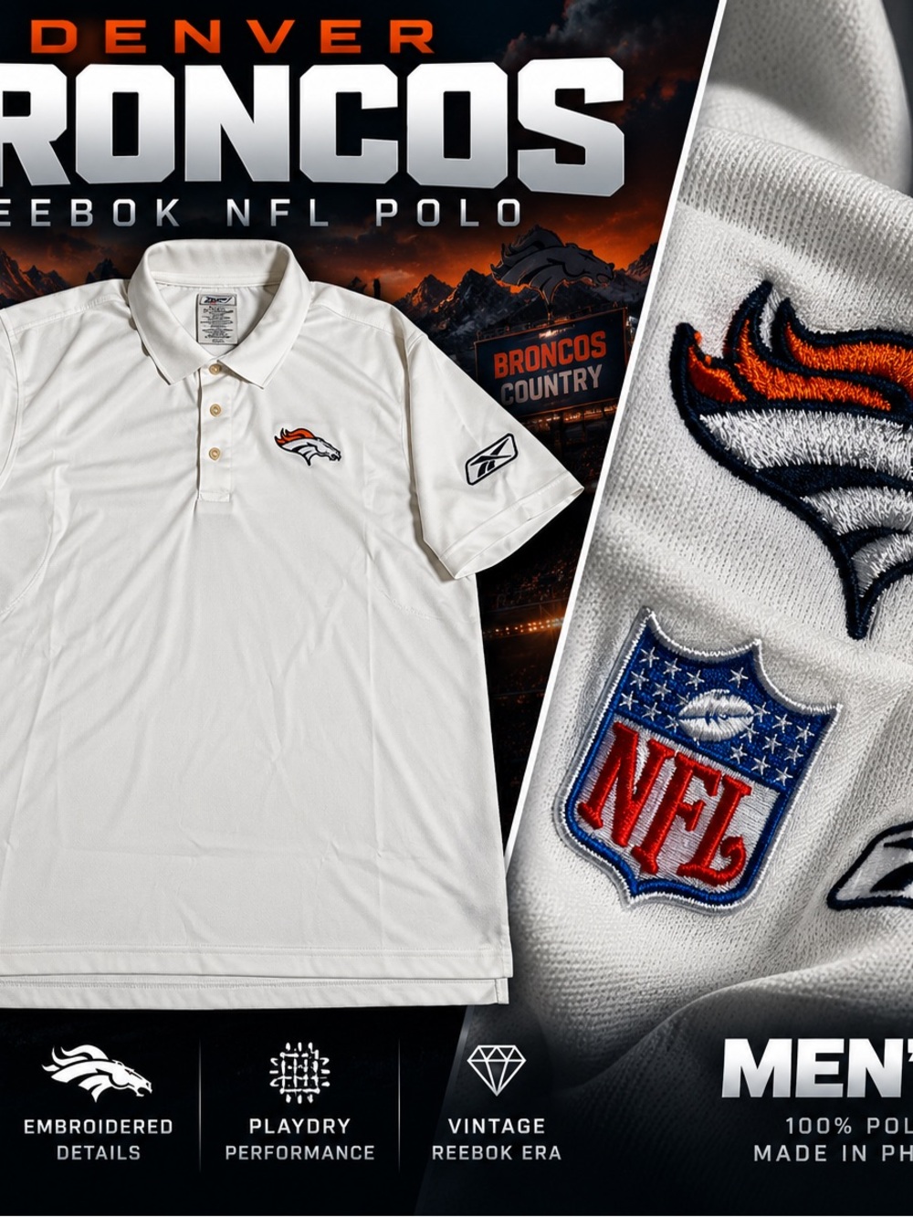 Denver Broncos Reebok NFL PlayDry Polo Shirt Mens M White Embroidered Logo